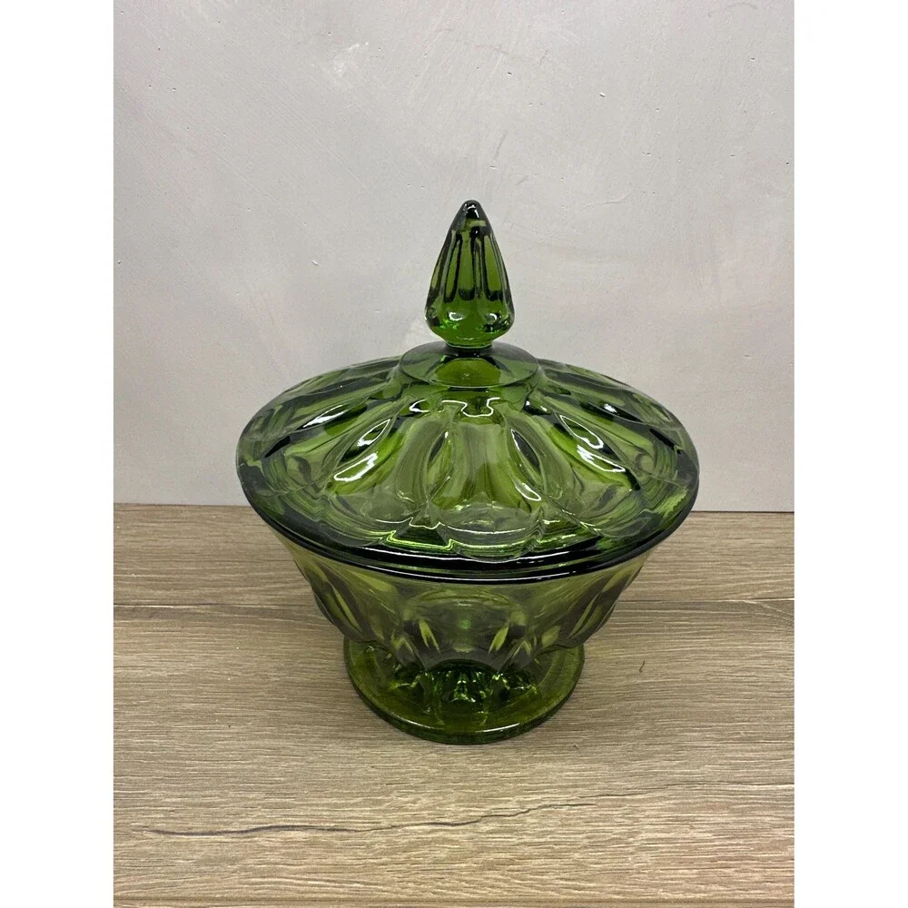 Vintage Anchor Hocking Fairfield Avocado Green Thumbprint Covered Candy Dish MCM